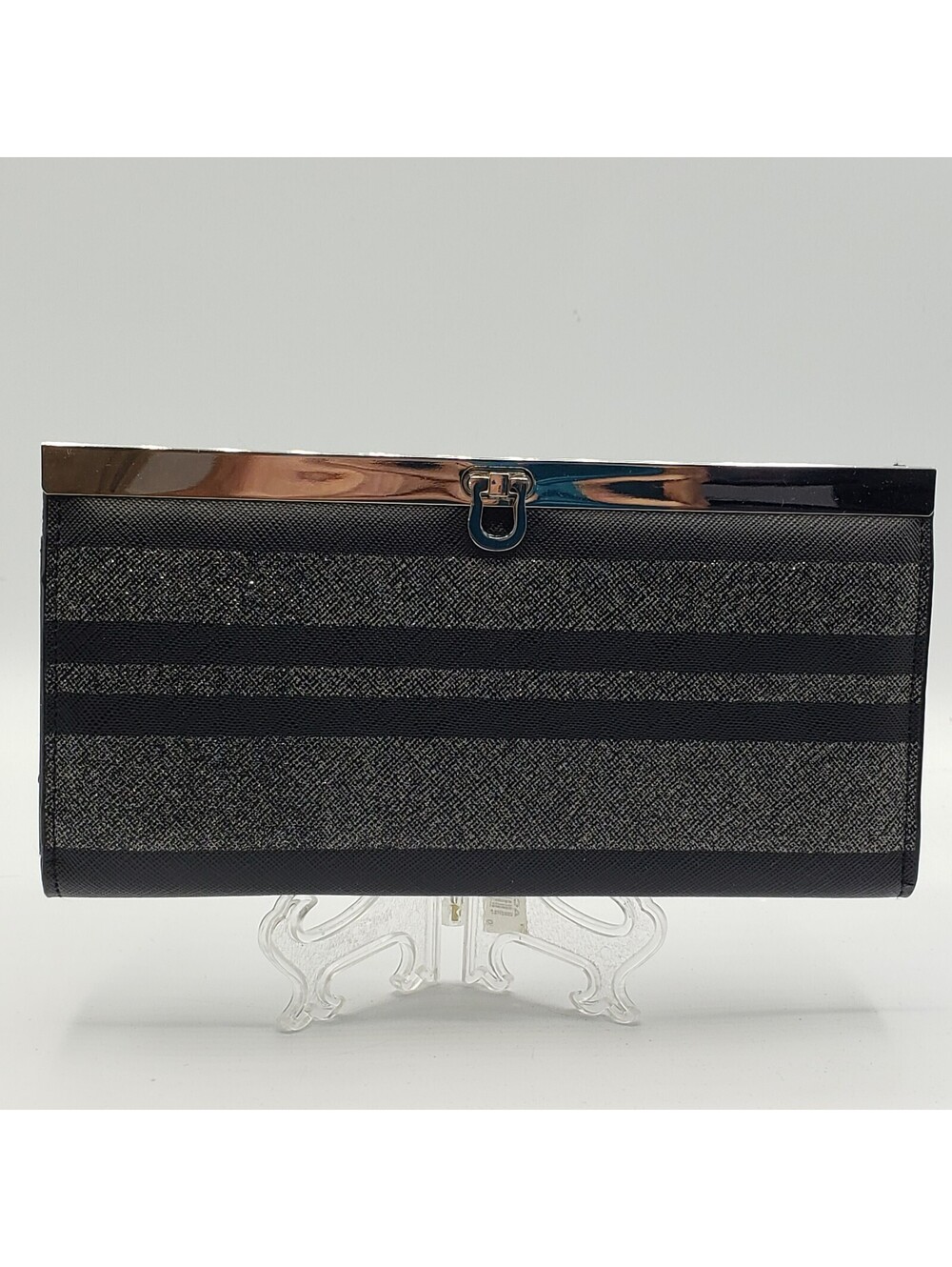 Safe Keeper Wallet Clutch Black & Silver Stripe Fold Over Clasp Snaps Zip